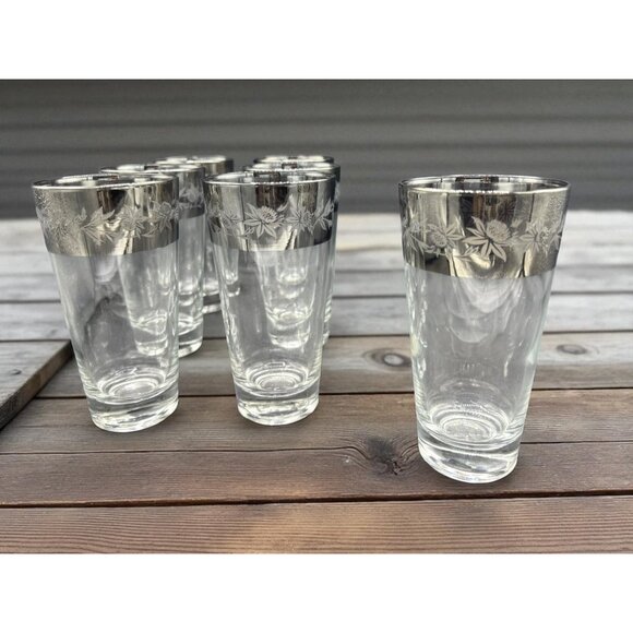 Vintage Dorothy Thorpe Thistle Silver Banded MCM HIghball Cocktail Glasses set o - Picture 1 of 6